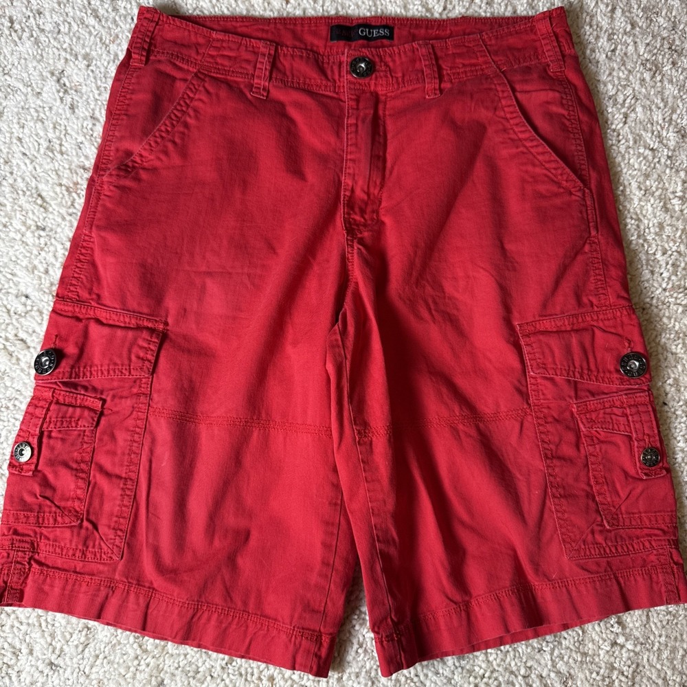 GUESS Shorts Mens 32 Red Los Angeles Cargo Pockets 00s Y2K *Missing 1 Button*